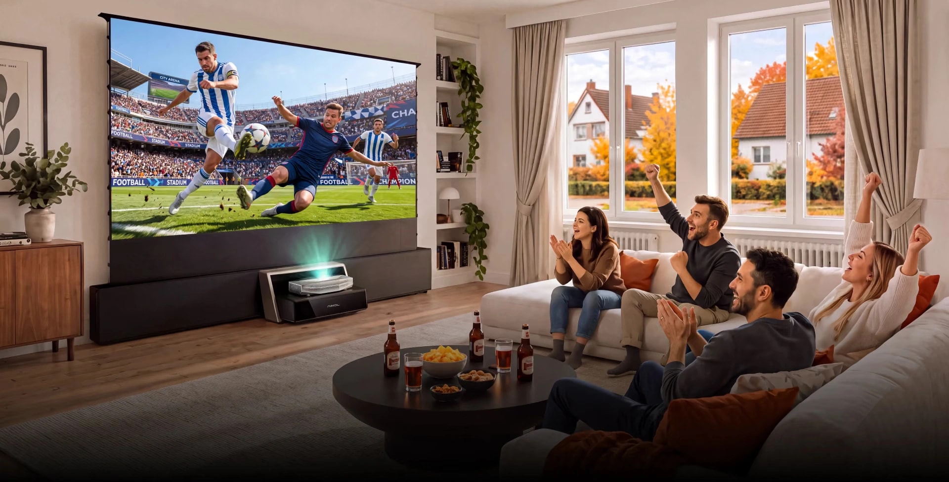 cheerful family watching sports game in the living room